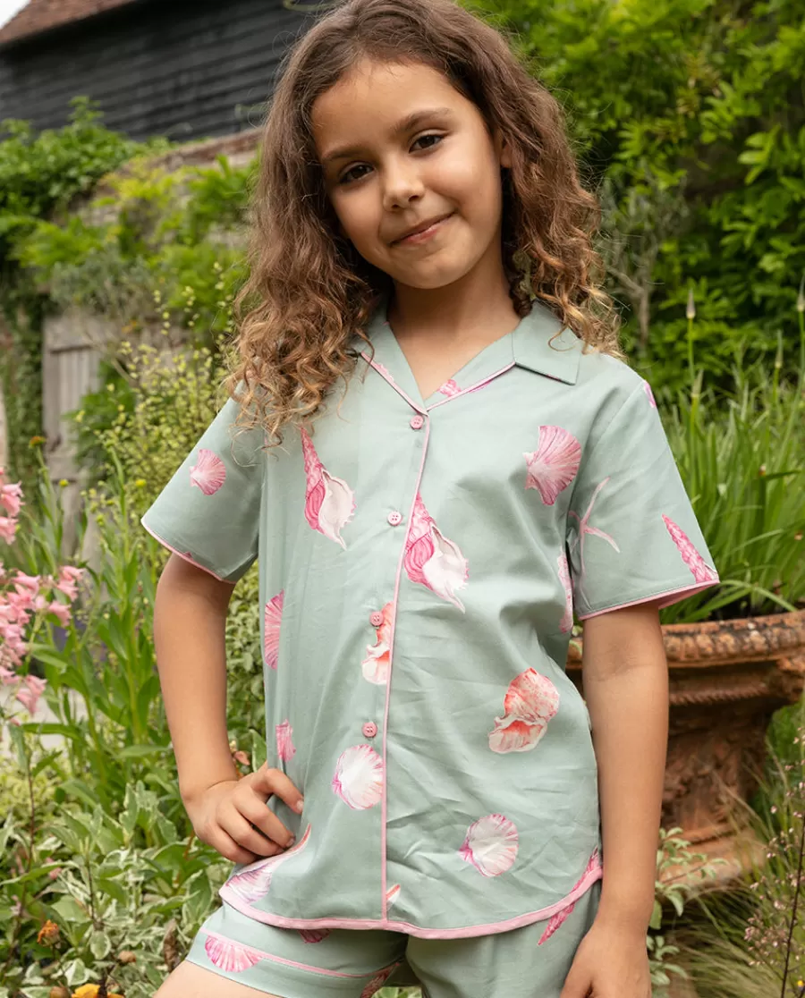 Hot Coral Girls Shell Print Shorty Set Kids Kids Shorty Sets