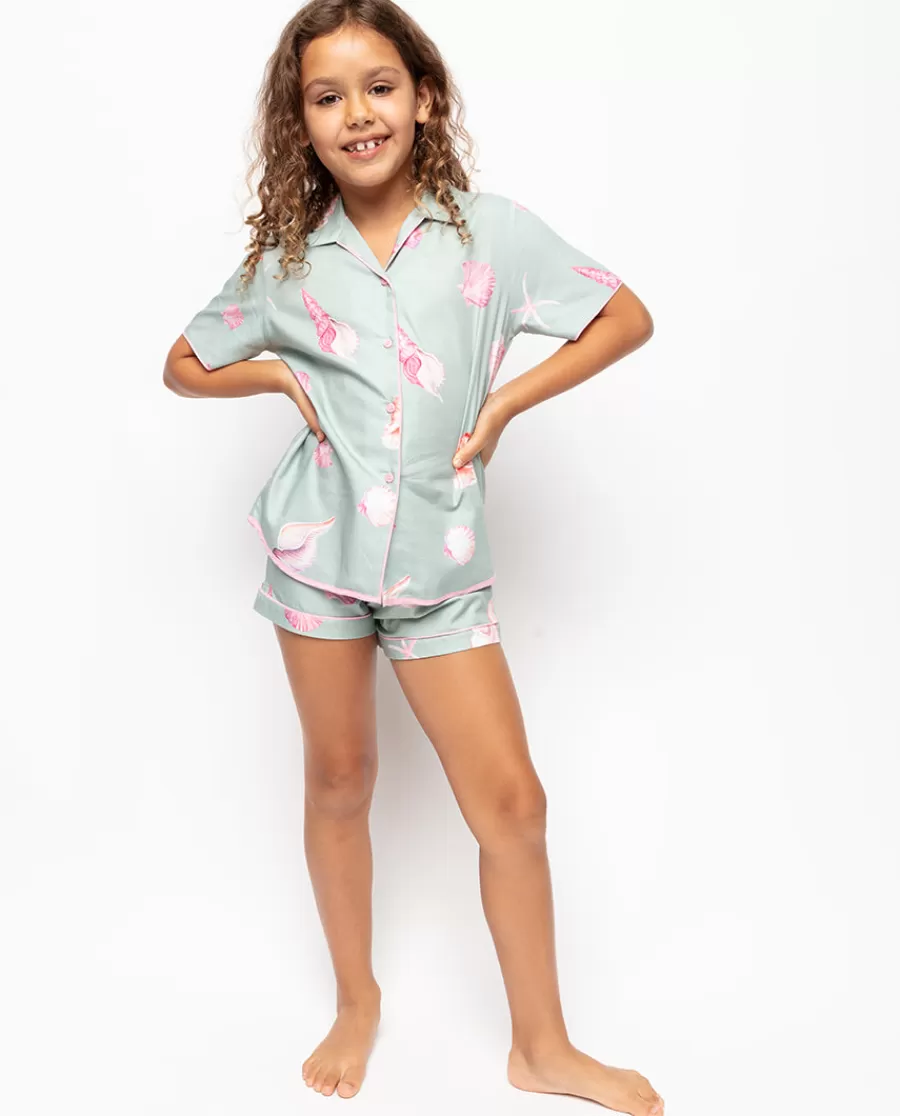Hot Coral Girls Shell Print Shorty Set Kids Kids Shorty Sets