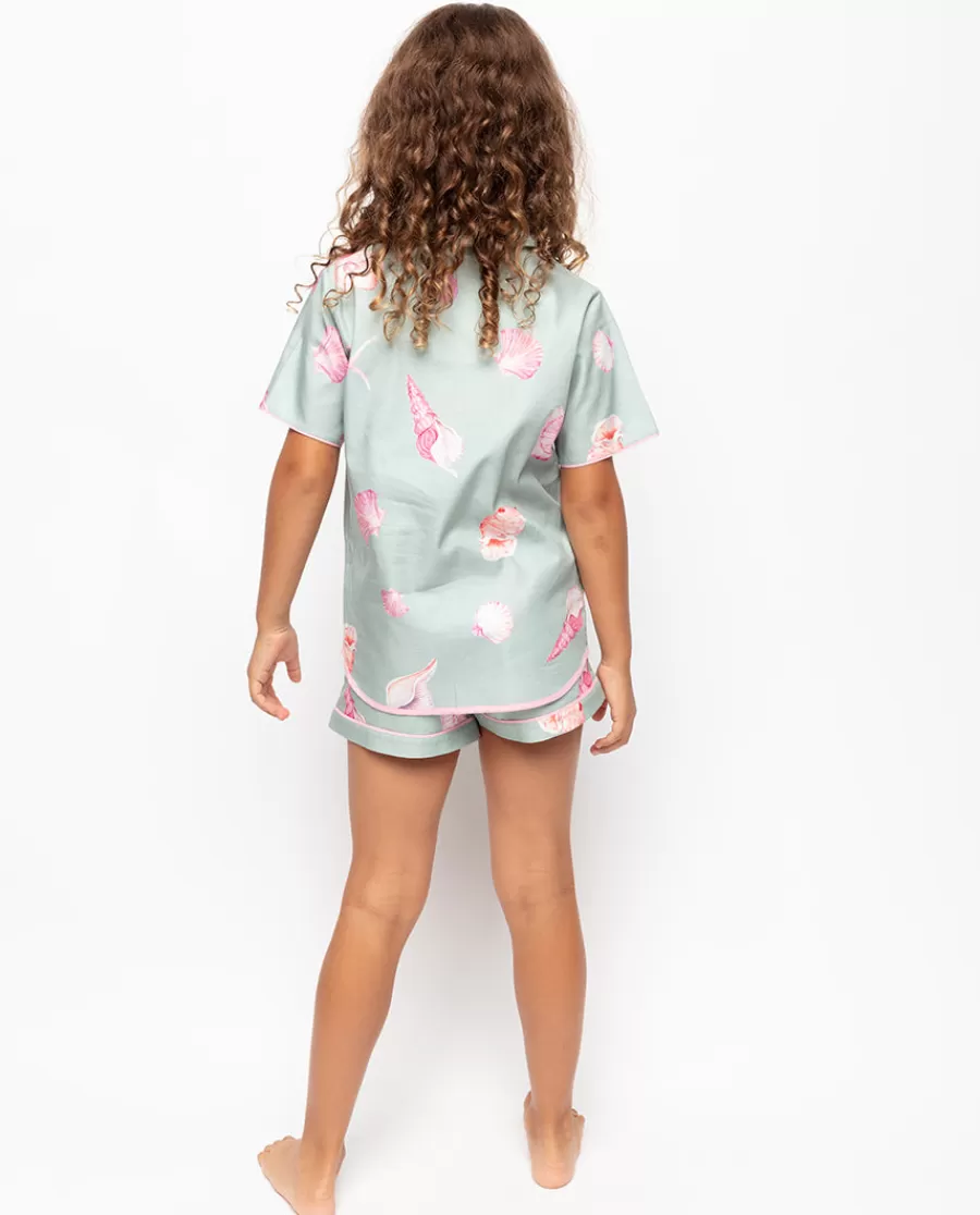 Hot Coral Girls Shell Print Shorty Set Kids Kids Shorty Sets
