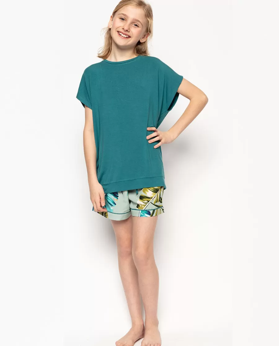New Eleanor Aqua Green Jersey Top And Palm Leaf Print Shorty Set Kids Kids Shorty Sets