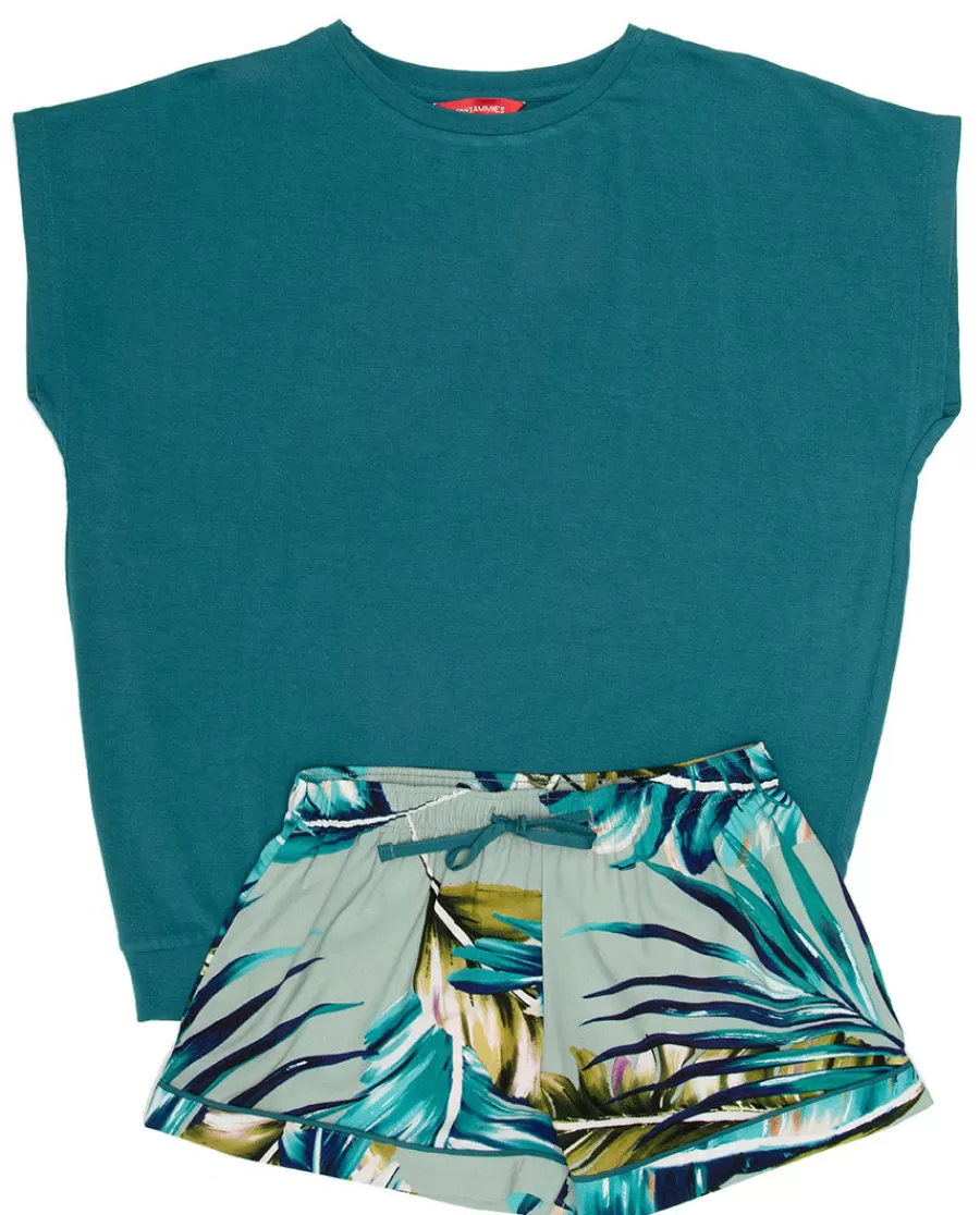 New Eleanor Aqua Green Jersey Top And Palm Leaf Print Shorty Set Kids Kids Shorty Sets