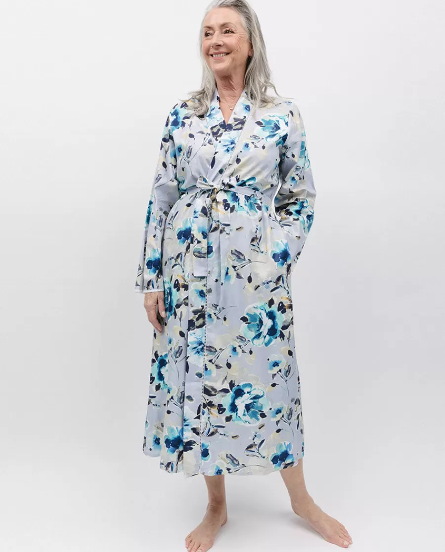 Cheap Maeve Lace Trim Grey Floral Print Long Dressing Gown Women Dressing Gowns