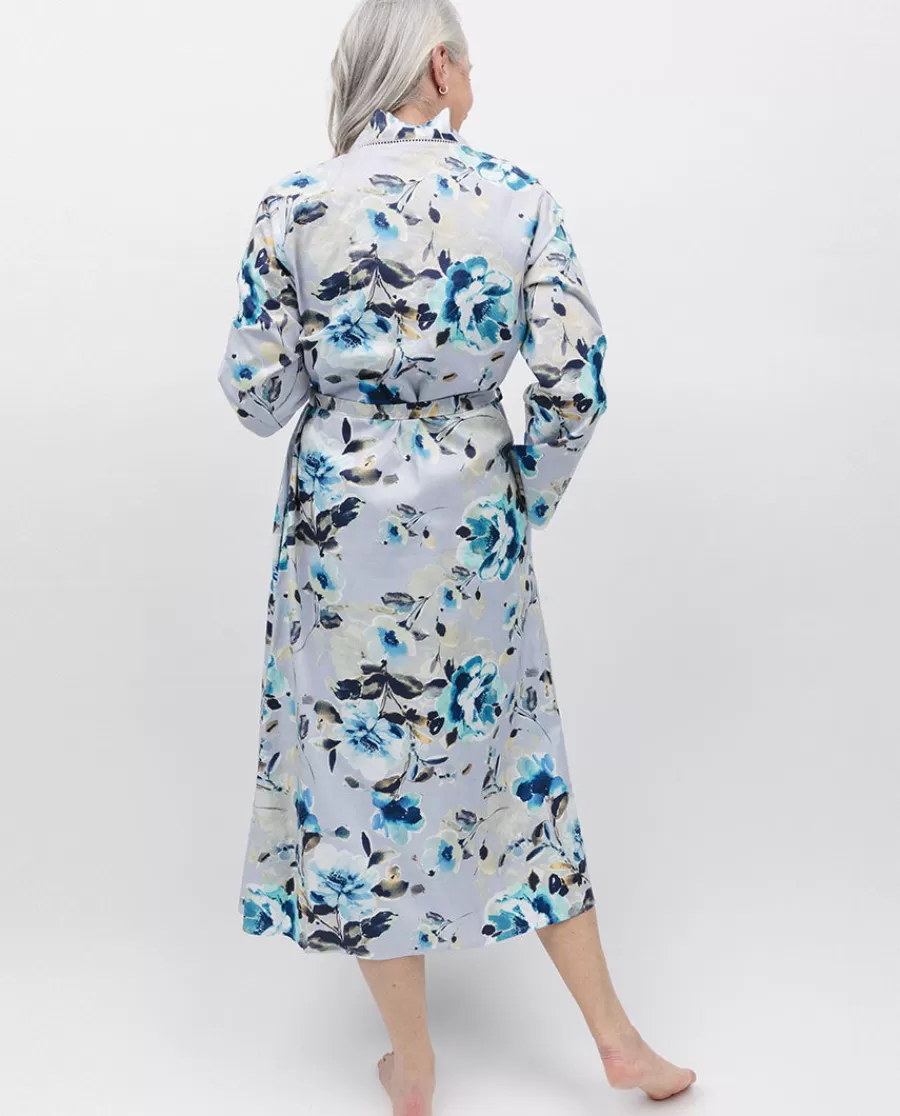 Cheap Maeve Lace Trim Grey Floral Print Long Dressing Gown Women Dressing Gowns