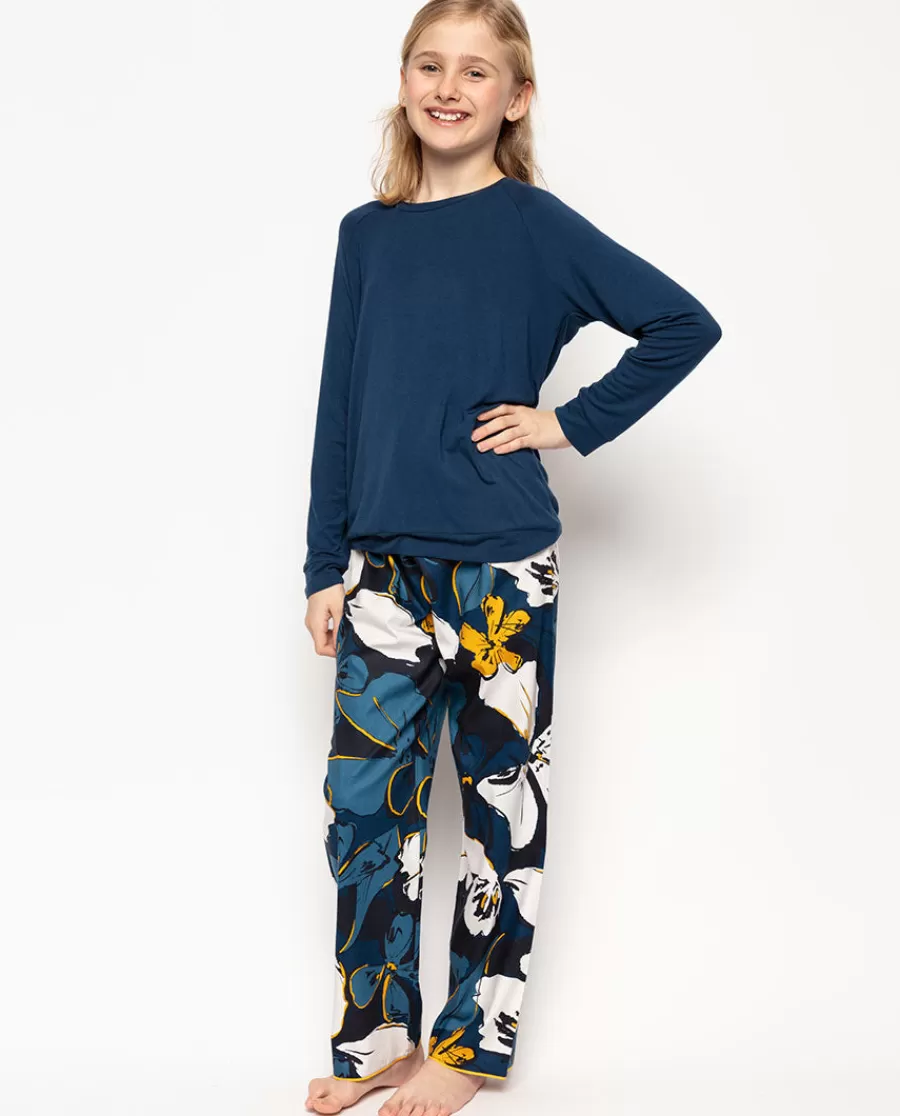 Shop Verity Petrol Blue Jersey Top And Floral Print Pyjama Set Kids Girls Pyjamas