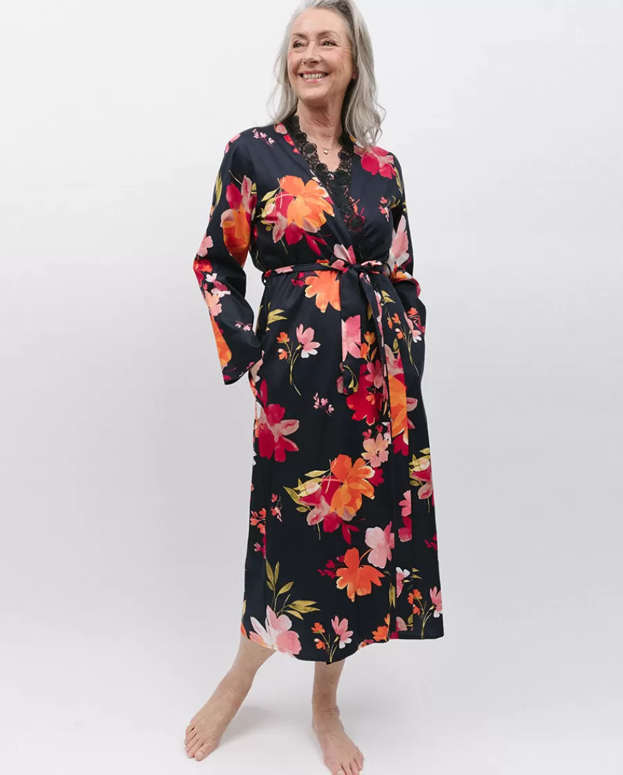 Discount Winnie Lace Detail Black Floral Print Long Dressing Gown Women Dressing Gowns