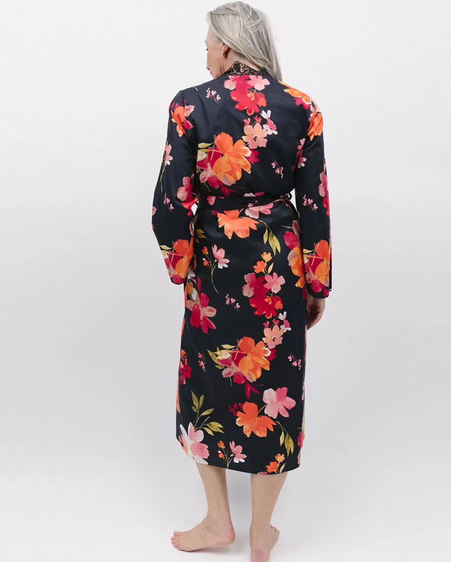 Discount Winnie Lace Detail Black Floral Print Long Dressing Gown Women Dressing Gowns