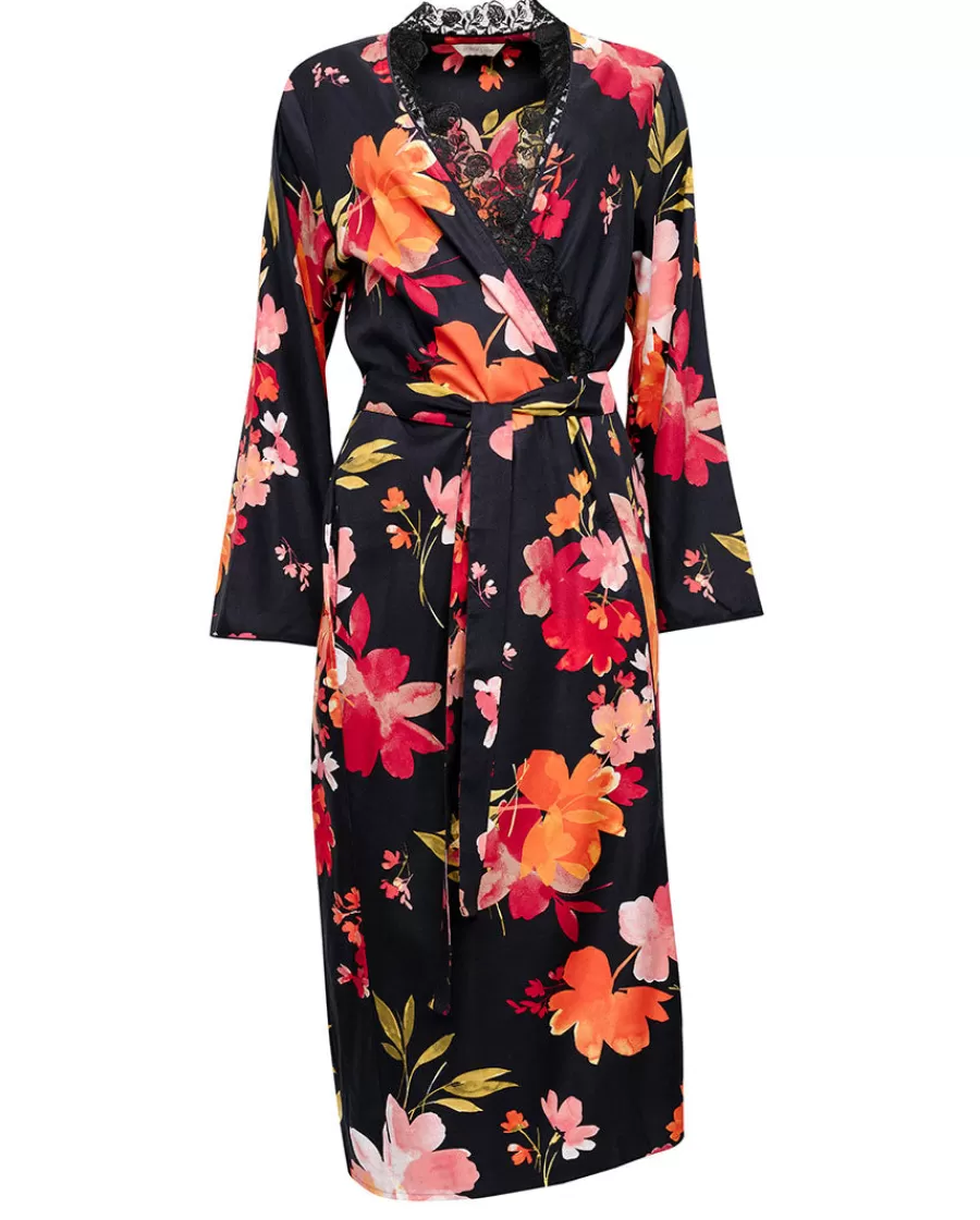 Discount Winnie Lace Detail Black Floral Print Long Dressing Gown Women Dressing Gowns